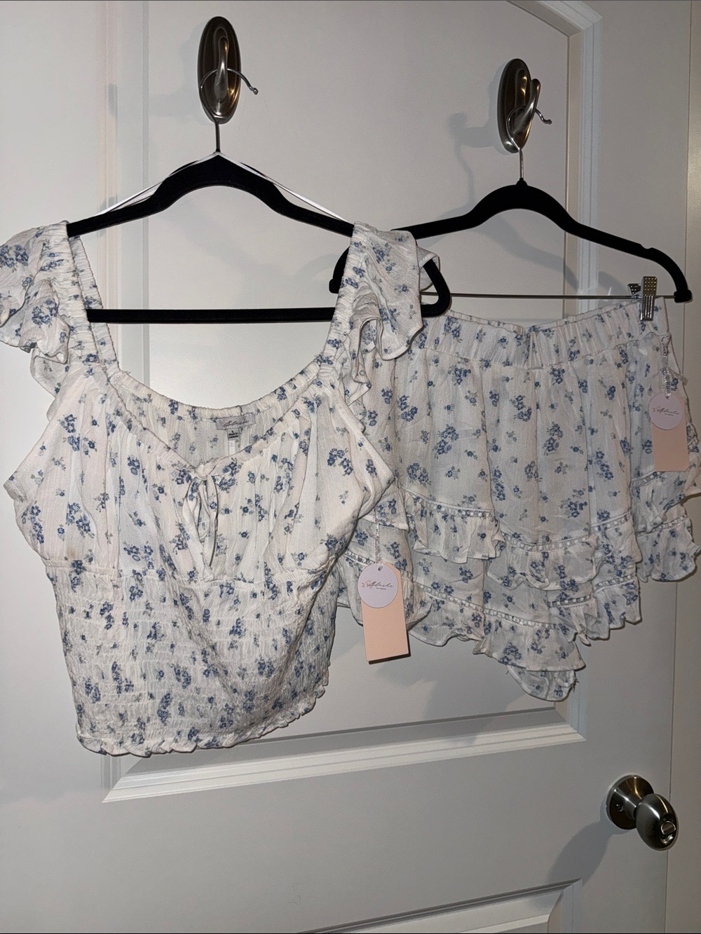 Light Blue Floral Ruffle Tank Top & Skirt/Short Set